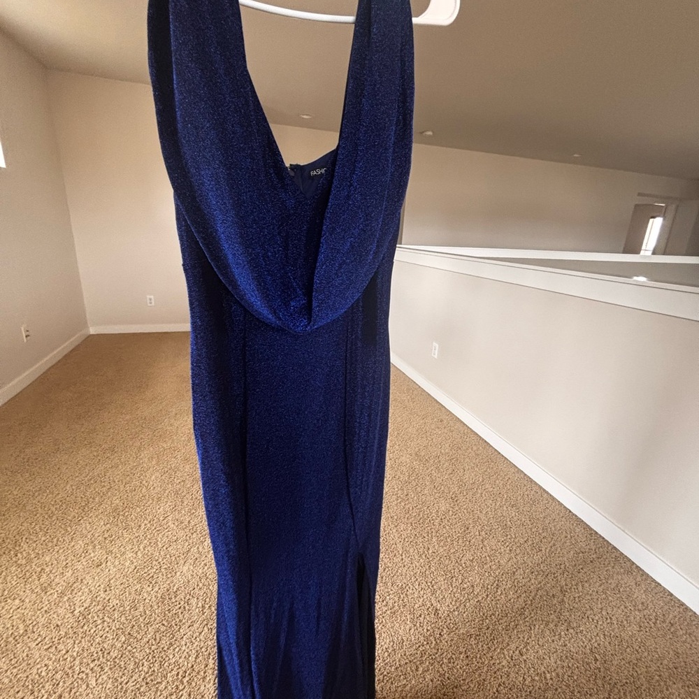 Fashion Nova Shimmery Navy Blue Cowl Neck Maxi Dress